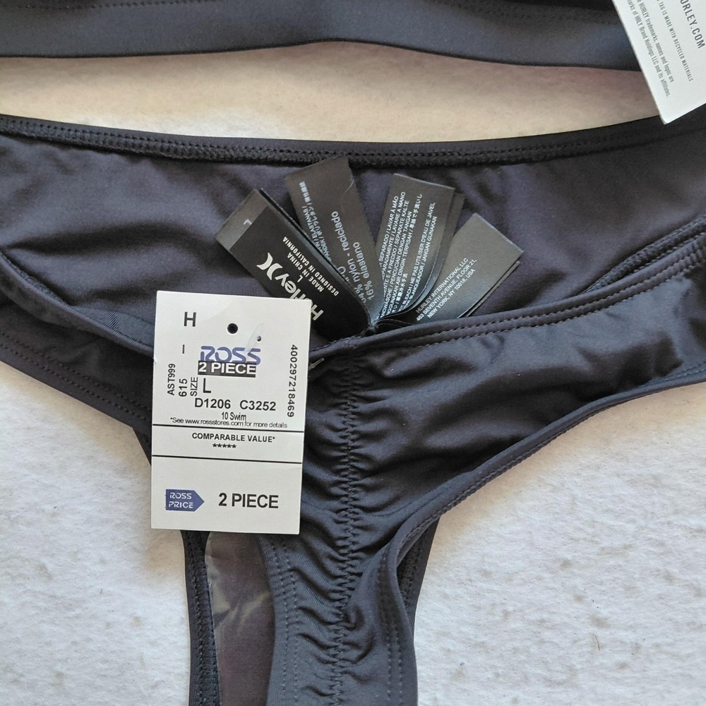 Hurley Black 2 Piece Bikini Set Large Triangle Top Skimpy Bottom Support NWT - Picture 4 of 5
